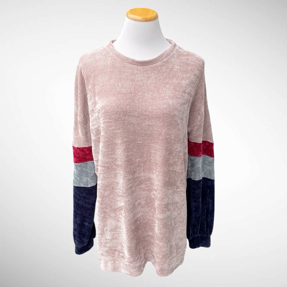 In Loom Boutique Brand Chenille Knit Pullover Sweater Colorblock Sleeves